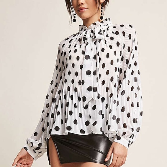 Forever 21 Tops - Pleated Polka Dot Tie Neck Top